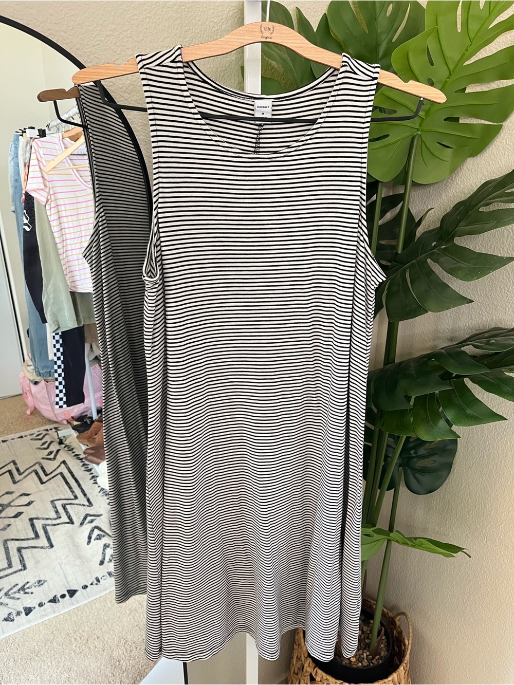 Old Navy Black & White Striped Swing Dress M | Minimal Chic Soft Stretch Dress
